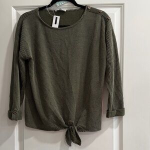 Khaki Green Women's Long Sleeve Top with Knot Detail